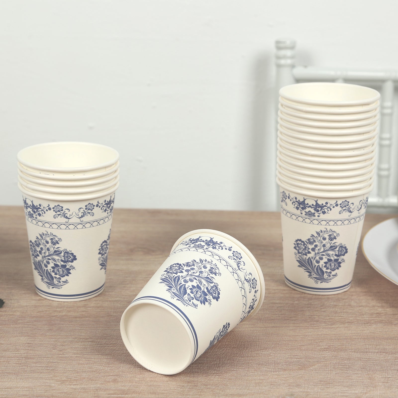 24 Pack Paper Cups in White Royal Blue Damask Floral Pattern, Elegant Disposable Party Cups - 9oz